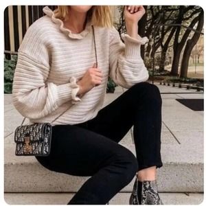 Madewell Ruffle Neck Ribbed Sweater Wool/ Cotton Cream Size Small